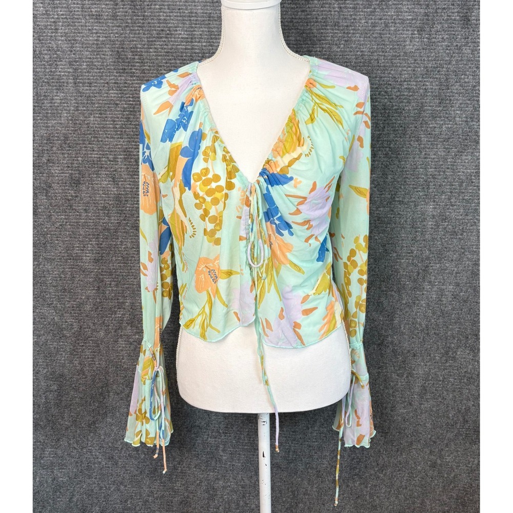 Free People Floral Mesh Tie Front Top M Boho Fairycore Long Sleeve Blouse